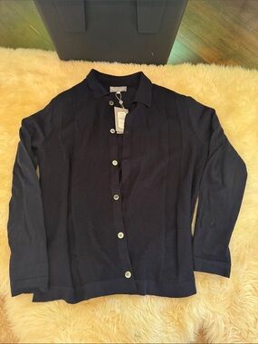 Neiman Marcus Navy Blue Merino Wool Button-Up Cardigan